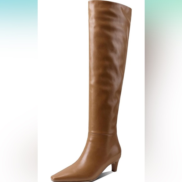 Square Toe Slip On Wide Calf Slouch Low Kitten Heel Over The Knee High Boots - Picture 1 of 7